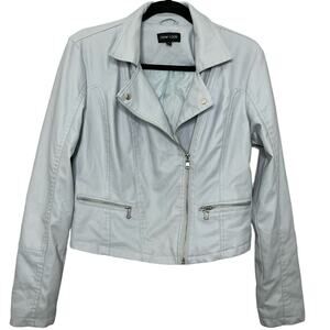 New Look Biker Faux Leather Jacket Zip Front Pockets Collared Long Sleeve Blue L